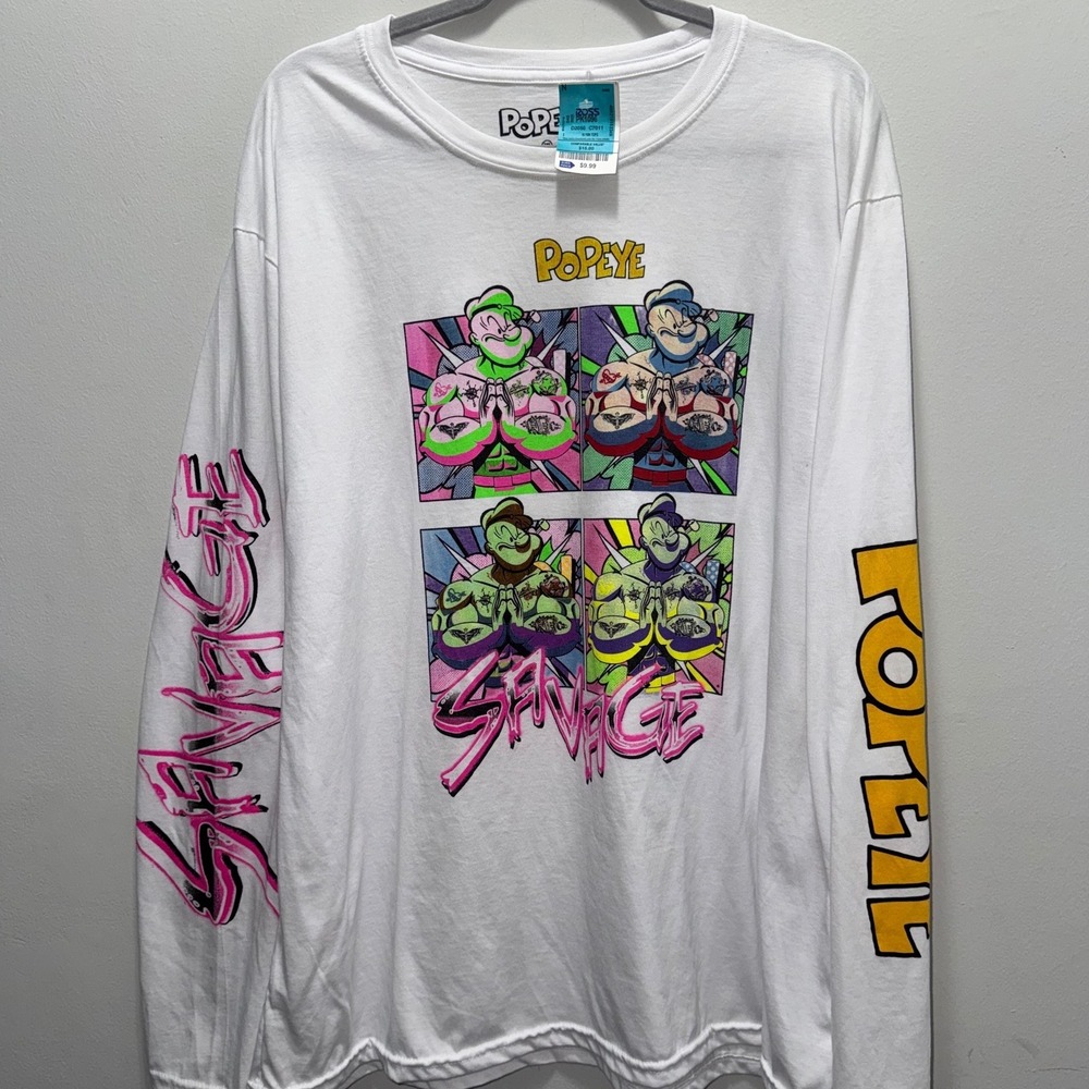 Popeye Savage Mens 2XL White Graphic Long Sleeve Shirt Tattoo Pop Art NWT